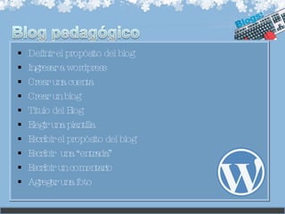 Definir el propósito del blog Ingresar a wordpress Crear una cuenta Crear un blog Título del Blog Elegir una plantilla Escribir el propósito del blog  Escribir  una “entrada” Escribir un comentario Agregar una foto 