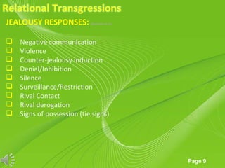 JEALOUSY RESPONSES:         (Guerrero et al.)




   Negative communication
   Violence
   Counter-jealousy induction
   Denial/Inhibition
   Silence
   Surveillance/Restriction
   Rival Contact
   Rival derogation
   Signs of possession (tie signs)




                          Powerpoint Templates
                                                 Page 9
 
