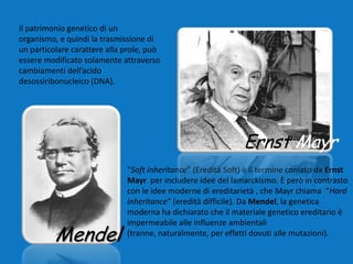 Il patrimonio genetico di un organismo, e quindi la trasmissione di un particolare carattere alla prole, può essere modificato solamente attraverso cambiamenti dell’acido desossiribonucleico (DNA).Ernst Mayr“Soft inheritance” (Eredità Soft) è il termine coniato da Ernst Mayr  per includere idee del lamarckismo. È però in contrasto con le idee moderne di ereditarietà , che Mayrchiama  “Hard inheritance” (eredità difficile). Da Mendel, la genetica moderna ha dichiarato che il materiale genetico ereditario è impermeabile alle influenze ambientali (tranne, naturalmente, per effetti dovuti alle mutazioni). Mendel