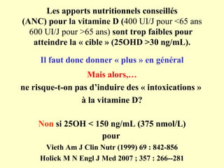 Les apports nutritionnels conseillés (ANC) pour la vitamine D ( 400 UI/J pour <65 ans 600 UI/J pour >65 ans)  sont trop faibles pour  atteindre la « cible » (25OHD >30 ng/mL). Il faut donc donner « plus » en général Mais alors,… ne risque-t-on pas d’induire des « intoxications »  à la vitamine D? Non  si 25OH < 150 ng/mL (375 nmol/L) pour   Vieth Am J Clin Nutr (1999) 69 : 842-856 Holick M N Engl J Med 2007 ; 357 : 266--281 