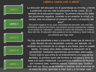 LIBRO II: HASTA LOS 12 AÑOS
La dirección del educador en el aprendizaje es mínima, y tiende
a potenciar una vez más la educación de las cosas. Es un
ejemplo de la educación negativa: "la primera educación debe
ser puramente negativa, consiste no en enseñar la virtud y la
verdad, sino en preservar el corazón del vicio y el espíritu del
error".
Educación negativa no es, pues, inactividad del educador, sino más bien
enseñanza indirecta del mismo, que propicia buenas experiencias -buenas,
en el sentido de "naturales"- mediante el control del ambiente y el entorno
físico del niño. El educador debe gobernar sin dar órdenes y hacer todo sin
que parezca que haga nada.
No hay que enseñarle a leer y a escribir hasta que él mismo lo
pida, llevado de una necesidad -cuando, por ejemplo, ha
recibido una invitación de un amigo a una fiesta, pero no puede
leerla-. En estos años debe cuidarse la educación de la
sensibilidad, mediante experiencias sensoriales adecuadas:
"Como todo lo que entra en el entendimiento procede de los
sentidos, la primera razón del hombre es sensitiva y sirve de
base a la razón intelectual. Los primeros maestros de filosofía
son nuestros pies, nuestras manos, nuestros ojos. Sustituir
todo esto por libros no es enseñar a razonar, sino a servirse de
la razón de otros, aprender a creer todo y a no saber nada."
LIBRO V
LIBRO IV
LIBRO III
LIBRO II
LIBRO I
 