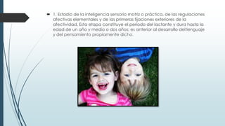  1. Estadio de la inteligencia sensorio motriz o práctica, de las regulaciones
afectivas elementales y de las primeras fijaciones exteriores de la
afectividad. Esta etapa constituye el período del lactante y dura hasta la
edad de un año y medio o dos años; es anterior al desarrollo del lenguaje
y del pensamiento propiamente dicho.
 