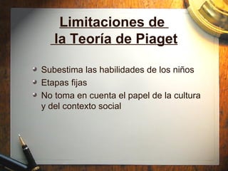 Limitaciones de   la Teoría de Piaget Subestima las habilidades de los niños Etapas fijas No toma en cuenta el papel de la cultura y del contexto social 