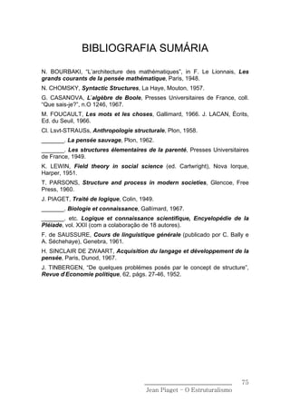BIBLIOGRAFIA SUMÁRIA

N. BOURBAKI, “L’architecture des mathématiques”, in F. Le Lionnais, Les
grands courants de Ia pensée mathématique, Paris, 1948.
N. CHOMSKY, Syntactic Structures, La Haye, Mouton, 1957.
G. CASANOVA, L’algèbre de Boole, Presses Universitaires de France, coll.
“Que sais-je?”, n.O 1246, 1967.
M. FOUCAULT, Les mots et les choses, Gallimard, 1966. J. LACAN, Écrits,
Ed. du Seuil, 1966.
Cl. Lsvt-STRAUSs, Anthropologie structurale, Plon, 1958.
_______. La pensée sauvage, Plon, 1962.
_______. Les structures élementaires de Ia parenté, Presses Universitaires
de France, 1949.
K. LEWIN, Field theory in social science (ed. Cartwright), Nova Iorque,
Harper, 1951.
T. PARSONS, Structure and process in modern societies, Glencoe, Free
Press, 1960.
J. PIAGET, Traité de logique, Colin, 1949.
_______. Biologie et connaissance, Gallímard, 1967.
_______. etc. Logique et connaissance scientifique, Encyelopédie de Ia
Pléiade, vol. XXII (com a colaboração de 18 autores).
F. de SAUSSURE, Cours de linguistique générale (publicado por C. Bally e
A. Séchehaye), Genebra, 1961.
H. SINCLAIR DE ZWAART, Acquisition du langage et développement de Ia
pensée, Paris, Dunod, 1967.
J. TINBERGEN, “De quelques problémes posés par le concept de structure”,
Revue d’Economie politique, 62, págs. 27-46, 1952.




                                      ______________________________    75
                                       Jean Piaget – O Estruturalismo
 