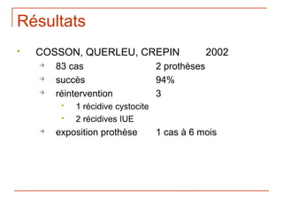 Résultats
   COSSON, QUERLEU, CREPIN                       2002
       83 cas                      2 prothèses
       succès                      94%
       réintervention              3
            1 récidive cystocite
            2 récidives IUE
       exposition prothèse         1 cas à 6 mois
 