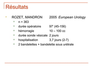 Résultats
   ROZET, MANDRON            2005 European Urology
       n = 363
       durée opératoire     97' (45-156)
       hémorragie           10 – 100 cc
       durée sonde vésicale 2 jours
       hospitalisation      3,7 jours (2-7)
       2 bandelettes + bandelette sous urétrale
 