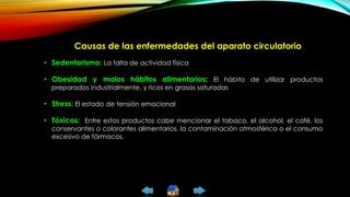 Causas de las enfermedades del aparato circulatorio
• Sedentarismo: La falta de actividad física
• Obesidad y malos hábitos alimentarios: El hábito de utilizar productos
preparados industrialmente, y ricos en grasas saturadas
• Stress: El estado de tensión emocional
• Tóxicos: Entre estos productos cabe mencionar el tabaco, el alcohol, el café, los
conservantes o colorantes alimentarios, la contaminación atmosférica o el consumo
excesivo de fármacos.
 