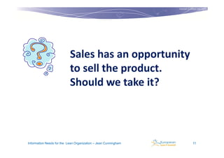 Copyright © Institut Lean France
                                                                                           2011




                           Sales has an opportunity
                           to sell the product.
                           Should we take it?




Information Needs for the Lean Organization – Jean Cunningham                  11
 