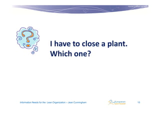 Copyright © Institut Lean France
                                                                                           2011




                           I have to close a plant.
                           Which one?




Information Needs for the Lean Organization – Jean Cunningham                  15
 