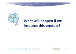 Copyright © Institut Lean France
                                                                                           2011




                           What will happen if we
                           insource this product?




Information Needs for the Lean Organization – Jean Cunningham                  18
 