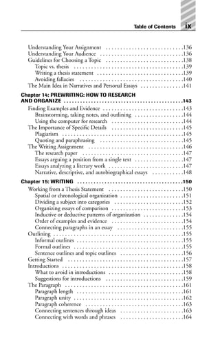 Understanding Your Assignment . . . . . . . . . . . . . . . . . . . . . . . . . . .136
Understanding Your Audience . . . . . . . . . . . . . . . . . . . . . . . . . . . . .136
Guidelines for Choosing a Topic . . . . . . . . . . . . . . . . . . . . . . . . . . .138
Topic vs. thesis . . . . . . . . . . . . . . . . . . . . . . . . . . . . . . . . . . . . . .139
Writing a thesis statement . . . . . . . . . . . . . . . . . . . . . . . . . . . . . .139
Avoiding fallacies . . . . . . . . . . . . . . . . . . . . . . . . . . . . . . . . . . . .140
The Main Idea in Narratives and Personal Essays . . . . . . . . . . . . . . .141
Chapter 14: PREWRITING: HOW TO RESEARCH
AND ORGANIZE . . . . . . . . . . . . . . . . . . . . . . . . . . . . . . . . . . . . . . . . . . . .143
Finding Examples and Evidence . . . . . . . . . . . . . . . . . . . . . . . . . . . .143
Brainstorming, taking notes, and outlining . . . . . . . . . . . . . . . . .144
Using the computer for research . . . . . . . . . . . . . . . . . . . . . . . . .144
The Importance of Specific Details . . . . . . . . . . . . . . . . . . . . . . . . .145
Plagiarism . . . . . . . . . . . . . . . . . . . . . . . . . . . . . . . . . . . . . . . . . .145
Quoting and paraphrasing . . . . . . . . . . . . . . . . . . . . . . . . . . . . .145
The Writing Assignment . . . . . . . . . . . . . . . . . . . . . . . . . . . . . . . . .146
The research paper . . . . . . . . . . . . . . . . . . . . . . . . . . . . . . . . . . .147
Essays arguing a position from a single text . . . . . . . . . . . . . . . . .147
Essays analyzing a literary work . . . . . . . . . . . . . . . . . . . . . . . . . .147
Narrative, descriptive, and autobiographical essays . . . . . . . . . . .148
Chapter 15: WRITING . . . . . . . . . . . . . . . . . . . . . . . . . . . . . . . . . . . . . . .150
Working from a Thesis Statement . . . . . . . . . . . . . . . . . . . . . . . . . .150
Spatial or chronological organization . . . . . . . . . . . . . . . . . . . . . .151
Dividing a subject into categories . . . . . . . . . . . . . . . . . . . . . . . .152
Organizing essays of comparison . . . . . . . . . . . . . . . . . . . . . . . . .153
Inductive or deductive patterns of organization . . . . . . . . . . . . . .154
Order of examples and evidence . . . . . . . . . . . . . . . . . . . . . . . . .154
Connecting paragraphs in an essay . . . . . . . . . . . . . . . . . . . . . . .155
Outlining . . . . . . . . . . . . . . . . . . . . . . . . . . . . . . . . . . . . . . . . . . . . .155
Informal outlines . . . . . . . . . . . . . . . . . . . . . . . . . . . . . . . . . . . . .155
Formal outlines . . . . . . . . . . . . . . . . . . . . . . . . . . . . . . . . . . . . . .155
Sentence outlines and topic outlines . . . . . . . . . . . . . . . . . . . . . .156
Getting Started . . . . . . . . . . . . . . . . . . . . . . . . . . . . . . . . . . . . . . . .157
Introductions . . . . . . . . . . . . . . . . . . . . . . . . . . . . . . . . . . . . . . . . . .158
What to avoid in introductions . . . . . . . . . . . . . . . . . . . . . . . . . .158
Suggestions for introductions . . . . . . . . . . . . . . . . . . . . . . . . . . .159
The Paragraph . . . . . . . . . . . . . . . . . . . . . . . . . . . . . . . . . . . . . . . . .161
Paragraph length . . . . . . . . . . . . . . . . . . . . . . . . . . . . . . . . . . . . .161
Paragraph unity . . . . . . . . . . . . . . . . . . . . . . . . . . . . . . . . . . . . . .162
Paragraph coherence . . . . . . . . . . . . . . . . . . . . . . . . . . . . . . . . . .163
Connecting sentences through ideas . . . . . . . . . . . . . . . . . . . . . .163
Connecting with words and phrases . . . . . . . . . . . . . . . . . . . . . .164
Table of Contents ix
 