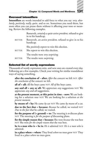Overused intensifiers
Intensifiers are words intended to add force to what you say: very, abso-
lutely, positively, really, quite, and so on. Sometimes you need them, but
more often you can prune them without it affecting your tone or mean-
ing. Review the following examples.
Roosevelt, certainly a quite active president, refused to give
in to his handicap.
BETTER Roosevelt, an active president, refused to give in to his
handicap.
She positively expects to win this election.
BETTER She expects to win this election.
The results were very surprising.
BETTER The results were surprising.
Selected list of wordy expressions
Thousands of wordy expressions exist, and new ones are created every day.
Following are a few examples. Check your writing for similar roundabout
ways of saying something.
after the conclusion of = after: After the concert we left NOT After
the conclusion of the concert we left.
all of = all: All the boys came NOT All of the boys came.
any and all = any or all: We appreciate any suggestions NOT We
appreciate any and all suggestions.
at the present moment, at this point in time = now: We are look-
ing for a solution now NOT We are looking for a solution at the
present moment.
by means of = by: He came by car NOT He came by means of a car.
due to the fact that = because: Because he called, we waited NOT
Due to the fact that he called, we waited.
for the purpose of (+ gerund) = to: The meeting is to discuss plans
NOT The meeting is for the purpose of discussing plans.
for the simple reason that = because: She won because she was best
NOT She won for the simple reason that she was best.
he is a man who is = he is: He is admired NOT He is a man who is
admired.
in a place where = where: They lived where no trees grew NOT They
lived in a place where no trees grew.
Chapter 12: Compound Words and Wordiness 131
 