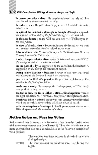 in connection with = about: He telephoned about the rally NOT He
telephoned in connection with the rally.
in order to = to: He said this to help you NOT He said this in order
to help you.
in spite of the fact that = although or though: Although she agreed,
she was sad NOT In spite of the fact that she agreed, she was sad.
in the near future = soon: We’ll see you soon NOT We’ll see you in
the near future.
in view of the fact that = because: Because she helped us, we won
NOT In view of the fact that she helped us, we won.
is located in = is in: Ventura County is in California NOT Ventura
County is located in California.
it often happens that = often: Often he is invited to attend NOT It
often happens that he is invited to attend.
on the part of = by: A suggestion by the consultant helped NOT A
suggestion on the part of the consultant helped.
owing to the fact that = because: Because he was here, we stayed
NOT Owing to the fact that he was here, we stayed.
practice in the field of = practice: She practices medicine NOT She
practices in the field of medicine.
rarely ever = rarely: She rarely speaks to a large group NOT She rarely
ever speaks to a large group.
the fact is that, the truth is that = often omit altogether: You are
the right candidate NOT The fact is that you are the right candidate.
which was when = when: I spoke with him yesterday when he called
NOT I spoke with him yesterday, which was when he called.
with the exception of = except: I like all sports except boxing NOT
I like all sports with the exception of boxing.
Active Voice vs. Passive Voice
Reduce wordiness by using the active voice rather than the passive voice
of the verb whenever you can (see Chapter 2). The active voice is not only
more energetic but also more concise. Look at the following examples of
weak passives:
The windows had been smashed by the wind sometime
during the night.
BETTER The wind smashed the windows sometime during the
night.
132 CliffsQuickReview Writing: Grammar, Usage, and Style
 