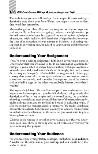 The techniques you use will overlap. For example, if you’re writing a
descriptive essay about your Aunt Gladys, you might narrate an incident
that reveals her personality.
Most—though not all—college writing assignments focus on argument
and analysis. But within an essay arguing a position, you might use descrip-
tive and narrative techniques. In a paper taking a stand against capital pun-
ishment, you might include a vivid description of a gas chamber, or recount
the steps of an execution, or even narrate an incident. In choosing your
approach to any writing task, be guided by your purpose and the best way
to fulfill it.
Understanding Your Assignment
If you’re given a writing assignment, fulfilling it is your main purpose.
Understand what you are asked to do. In an examination question, for
example, if you’re asked to analyze how an author’s techniques contribute
to his theme, and if you describe the theme thoroughly but don’t discuss
the techniques, then you’ve failed to fulfill the assignment. Or if in a psy-
chology class you’re asked to compare and contrast two recent theories
about selective amnesia, and you write five pages on one of the theories
and only half a page on the other, you probably haven’t done what is
required.
Writing on the job is no different. For example, if you need to write a test-
ing protocol for a new product, you should include such things as a detailed
description of the testing samples and the control group, the conditions
of testing, materials and equipment, all the steps of the tests, relevant for-
mulas and equations, and the methods to be used in evaluating results. If
after the testing your manager asks for a summary of the results, you should
provide them as clearly, honestly, and succinctly as you can. You may need
to include a brief explanation of the tests, but you won’t want to give a
blow-by-blow account.
Whether you’re writing in school or at work, make sure that you under-
stand your task. Then, in planning what you’ll write, aim everything you
say at achieving that purpose.
Understanding Your Audience
For whom are you writing? Before you begin, think about your audience.
A reader is at the other end of your writing, and you should keep that
reader in mind.
136 CliffsQuickReview Writing: Grammar, Usage, and Style
 