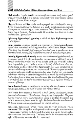libel, slander: Legally, slander means to defame someone orally, as in a speech
or public remark. Libel is to defame someone by any other means, such as
in print, pictures, films, or signs.
like, as: Both as and like can be used as prepositions: He sleeps like a baby;
We see this as an alternative. But only as is a subordinating conjunction, so
when you are introducing a clause, don’t use like: The storm started after
lunch, just as (not like) I said it would, He smiled as (not like) his brother
used to when I gave advice.
lightning, lightening: Lightning is a flash of light. Lightening means
getting lighter.
limp, limpid: Don’t use limpid as a synonym for limp. Limpid means
crystal clear, not wilted or lacking in stiffness or backbone (limp): Instead
of the limp (not limpid), frail young girl who had come to our door, we were
now faced with a strong, self-confident woman with a steady, limpid gaze.
literally, figuratively: Literally means true to the meaning of the words, or
precisely as stated. It is often misused to mean almost or definitely, as in I
literally died when he chose me. If you literally died, you would be talking
from beyond the grave. In the sentence I literally died when he chose me,
died is being used not literally but figuratively, that is, as a metaphor for
the overwhelming reaction you experienced. To convey your emotion
metaphorically, you could say, I almost died when he chose me. Use literally
only when referring to the meaning precisely as stated: By blocking the door,
he literally refused to let anyone leave the room; The literal subject of the poem
is the flowers, but the poet is using them figuratively to represent the imper-
manence of beauty.
loath, loathe: Loath is an adjective meaning reluctant. Loathe is a verb
meaning to despise. I am loath to admit that I loathe David.
lose, loose: Lose means to be unable to find. Loose, an adjective, means
unrestrained or inexact: I lose the loose change I keep in my pocket; The poem
loses its power in such a loose translation. Loose is used less frequently as a
verb. It means to set free or make less tight. She loosed the snake into the crowd;
He loosed (more commonly, loosened) the victim’s clothing.
nauseous, nauseated: When you’re sick to your stomach, you’re
nauseated. The thing that made you sick—for example, rotten meat—
is nauseous. Twirling the baby and throwing him up in the air makes
him nauseated (not nauseous). The baby would be nauseous only if the
sight of him made someone else feel nauseated.
202 CliffsQuickReview Writing: Grammar, Usage, and Style
 