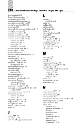 210 CliffsQuickReview Writing: Grammar, Usage, and Style
ignorant/stupid, 200
illusion/allusion/delusion, 193
immigrate/emigrate, 198
imminent/eminent/emanate, 198
imperative mood, verbs, 19, 187
implicit/tacit/explicit, 200–201
imply/infer, 201
incidental information, parentheses and, 110
incomplete sentences, 64
incredible/incredulous, 201
indefinite antecedents, 37–38
indefinite pronouns, 29, 39, 187
independent clauses, 59–60, 187
commas and, 94–95
conjunctions, 52–53
joining, 67–68
semicolons, 102–103
indicative mood, verbs, 19, 187
indirect object, 13, 187
indirect question, 90, 187
inductive patterns of organization, 154
infer/imply, 201
infinitive phrases, 58, 187
split infinitives, 58–59
infinitives, 13–14, 56, 187
pronouns and, 33
inflammable/flammable, 201
informal outlines, 155
intensifiers, 188
overused, 131
intensive pronouns, 28
interjections, 53, 188
interrogative pronouns, 29, 188
interrupting elements
commas and, 96–97
dashes and, 108–109
intransitive verbs, 12–13, 188
introductions, writing and, 158–161, 188
final draft, 174
introductory clauses, commas, 95
introductory phrases
commas and, 95–96
dashes, 109
irregardless/regardless, 201
irregular verbs, 23–25, 188
it is expressions, 130
items in a series. See series
its/it’s, 201
J
jargon, 122, 188
jealousy/envy, 198
joint ownership, possessive nouns, 6
L
language, 173
final draft, 174
lay/lie, 201
lead/led, 201
less/fewer, 199
libel/slander, 202
lie/lay, 201
lightning/lightening, 202
like/as, 202
limp/limpid, 202
linking verbs, 11–12, 188
adjectives and, 44–45
literally/figuratively, 202
loath/loathe, 202
logic fallacies in writing, 140
lose/loose, 202
M
main idea, 141
may/can, 195
me vs I, 33
mean/median/average, 195
misplaced modifiers, 75–78, 188
mixing cliches, 121
modifiers, 188. See adjectives; adverbs
commas and, 100
dangling, 77–78
final draft and, 174
misplaced, 75–78
mood, 188
mood of verbs, 19–20
most/almost, 46
N
narrative essays, 148–149
narratives, main idea, 141
nauseous/nauseated, 202
noisome/noisy, 202
nonrestrictive elements, commas and, 97–98
note taking, writing and, 144
noun clauses, 61, 188
nouns, 188
adjectives, 42–43
agreement with verbs, 7–8
collective, 5
of construction, 6
gerunds, 4
infinitive phrases, 58
plural, 5–6
possessive case, 6
prepositions, 49–51
 