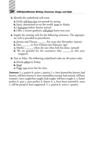 3. Identify the underlined verb tense.
a. Emily will have lost ten pounds by spring.
b. Susie, determined to see the world, went to Alaska.
c. I had gone before Yassine arrived.
d. Lillie, a master gardener, will plant beans next year.
4. Supply the missing verb for the following sentences. The appropri-
ate verb is provided in parentheses.
a. Jerome and Theresa ______ five years this November. (marry)
b. Don ______ to New Orleans last February. (go)
c. Mother ______ when she sees what Erik has done. (proud)
d. We are grateful for the customers who ______us this year.
(support)
5. True or False: The following underlined verbs are all action verbs.
a. David called on Friday.
b. Stop!
c. Peggy was never late for class.
Answers: 1. a. passive b. active c. passive 2. a. have known/has known, had
known, will have known b. have wanted/has wanted, had wanted, will have
wanted c. have caught/has caught, had caught, will have caught 3. a. future
perfect b. past c. past perfect d. future 4. a. have been married b. went
c. will be proud d. have supported. 5. a. passive b. active c. passive.
26 CliffsQuickReview Writing: Grammar, Usage, and Style
 