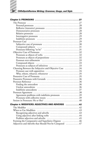 Chapter 3: PRONOUNS . . . . . . . . . . . . . . . . . . . . . . . . . . . . . . . . . . . . . . .27
The Pronoun . . . . . . . . . . . . . . . . . . . . . . . . . . . . . . . . . . . . . . . . . . .27
Personal pronouns . . . . . . . . . . . . . . . . . . . . . . . . . . . . . . . . . . . . .28
Reflexive (intensive) pronouns . . . . . . . . . . . . . . . . . . . . . . . . . . . .28
Demonstrative pronouns . . . . . . . . . . . . . . . . . . . . . . . . . . . . . . . .28
Relative pronouns . . . . . . . . . . . . . . . . . . . . . . . . . . . . . . . . . . . . .28
Interrogative pronouns . . . . . . . . . . . . . . . . . . . . . . . . . . . . . . . . .29
Indefinite pronouns . . . . . . . . . . . . . . . . . . . . . . . . . . . . . . . . . . .29
Pronoun Case . . . . . . . . . . . . . . . . . . . . . . . . . . . . . . . . . . . . . . . . . .29
Subjective case of pronouns . . . . . . . . . . . . . . . . . . . . . . . . . . . . . .30
Compound subjects . . . . . . . . . . . . . . . . . . . . . . . . . . . . . . . . . . .31
Pronouns following “to be” . . . . . . . . . . . . . . . . . . . . . . . . . . . . .31
Objective Case of Pronouns . . . . . . . . . . . . . . . . . . . . . . . . . . . . . . . .32
Pronouns as objects of verbs . . . . . . . . . . . . . . . . . . . . . . . . . . . . .32
Pronouns as objects of prepositions . . . . . . . . . . . . . . . . . . . . . . . .32
Pronoun over-refinement . . . . . . . . . . . . . . . . . . . . . . . . . . . . . . .33
Compound objects . . . . . . . . . . . . . . . . . . . . . . . . . . . . . . . . . . . .33
Pronouns as subjects of infinitives . . . . . . . . . . . . . . . . . . . . . . . . .33
Choosing Between the Subjective and Objective Case . . . . . . . . . . . .34
Pronoun case with appositives . . . . . . . . . . . . . . . . . . . . . . . . . . . .34
Who, whom, whoever, whomever . . . . . . . . . . . . . . . . . . . . . . . . .35
Possessive Case of Pronouns . . . . . . . . . . . . . . . . . . . . . . . . . . . . . . . .35
Possessive Pronouns with Gerunds . . . . . . . . . . . . . . . . . . . . . . . . . . .36
Pronoun Reference . . . . . . . . . . . . . . . . . . . . . . . . . . . . . . . . . . . . . . .36
Finding the antecedent . . . . . . . . . . . . . . . . . . . . . . . . . . . . . . . . .36
Unclear antecedents . . . . . . . . . . . . . . . . . . . . . . . . . . . . . . . . . . .36
Indefinite antecedents . . . . . . . . . . . . . . . . . . . . . . . . . . . . . . . . . .37
Pronoun Agreement . . . . . . . . . . . . . . . . . . . . . . . . . . . . . . . . . . . . . .38
Agreement problems with indefinite pronouns . . . . . . . . . . . . . . .39
Pronouns with collective nouns . . . . . . . . . . . . . . . . . . . . . . . . . . .39
Sexism in Pronouns: He or She? . . . . . . . . . . . . . . . . . . . . . . . . . . . . .40
Chapter 4: MODIFIERS: ADJECTIVES AND ADVERBS . . . . . . . . . . . .42
The Modifier . . . . . . . . . . . . . . . . . . . . . . . . . . . . . . . . . . . . . . . . . . .42
When to Use Modifiers . . . . . . . . . . . . . . . . . . . . . . . . . . . . . . . . . . .43
Recognizing adjectives and adverbs . . . . . . . . . . . . . . . . . . . . . . . .43
Using adjectives after linking verbs . . . . . . . . . . . . . . . . . . . . . . . .44
Problem adjectives and adverbs . . . . . . . . . . . . . . . . . . . . . . . . . . .45
Forming the Comparative and Superlative Degrees . . . . . . . . . . . . . .46
Adjectives and Adverbs that Should Not be Compared . . . . . . . . . . .47
iv CliffsQuickReview Writing: Grammar, Usage, and Style
 