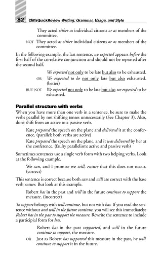 They acted either as individual citizens or as members of the
committee,
NOT They acted as either individual citizens or as members of the
committee.
In the following example, the last sentence, we expected appears before the
first half of the correlative conjunction and should not be repeated after
the second half.
We expected not only to be late but also to be exhausted.
OR We expected to be not only late but also exhausted.
(better)
BUT NOT We expected not only to be late but also we expected to be
exhausted.
Parallel structure with verbs
When you have more than one verb in a sentence, be sure to make the
verbs parallel by not shifting tenses unnecessarily (See Chapter 3). Also,
don’t shift from an active to a passive verb.
Kate prepared the speech on the plane and delivered it at the confer-
ence. (parallel: both verbs are active)
Kate prepared the speech on the plane, and it was delivered by her at
the conference. (faulty parallelism: active and passive verb)
Sometimes sentences use a single verb form with two helping verbs. Look
at the following example.
We can, and I promise we will, ensure that this does not occur.
(correct)
This sentence is correct because both can and will are correct with the base
verb ensure. But look at this example.
Robert has in the past and will in the future continue to support the
measure. (incorrect)
To support belongs with will continue, but not with has. If you read the sen-
tence without and will in the future continue, you will see this immediately:
Robert has in the past to support the measure. Rewrite the sentence to include
a participial form for has.
Robert has in the past supported, and will in the future
continue to support, the measure.
OR Just as Robert has supported this measure in the past, he will
continue to support it in the future.
82 CliffsQuickReview Writing: Grammar, Usage, and Style
 
