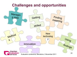 Challenges and opportunities Managing data   Getting  skilled Finding meaning Methods Innovation   Using  findings New technology 