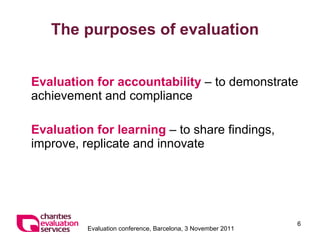The purposes of evaluation Evaluation for accountability  – to demonstrate achievement and compliance Evaluation for learning  – to share findings, improve, replicate and innovate 