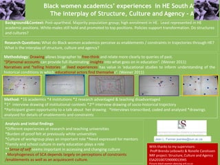 Black women academics’ experiences in HE South Africa: 
The interplay of Structure, Culture and Agency - A Mad 
Background&Context: Post-apartheid. Majority population group; high enrolment in HE. Least represented in HE 
academic positions. White-males still hold and promoted to top positions. Policies support transformation. Do structures 
and cultures? 
Research Questions: What do Black women academics perceive as enablements / constraints in trajectories through HE? 
What is the interplay of structure, culture and agency? 
Methodology: Drawing allows biographer to free-think and relate more clearly to queries of past. 
“[P]ersonal accounts can provide full illuminating insights into what goes on in education”. (Weiner 2011) 
Narratives and “telling histories of lived experiences has value in ‘educational studies to inform understanding of the 
historical conditions in which educational actors find themselves”. (Weiner 2011) 
Method: *16 academics *4 institutions *2 research advantaged & teaching disadvantaged 
*1st interview drawing of institutional contexts *2nd interview drawing of socio-historical trajectory 
*Participant given opportunity to a talk about her drawing *Interviews transcribed, coded and analysed *drawings 
analysed for details of enablements and constraints 
Analysis and initial findings 
*Different experiences at research and teaching universities 
*Burden of proof felt at previously white universities 
*Culture of workgroup plays an important role *Need expressed for mentors 
*Family and school culture in early education plays a role 
**Sense of self seems important in accessing and changing culture 
*Morphogenesis of SCA depends largely on perceptions of constraints 
/enablements as well as an acquiescent culture. 
Jean L. Farmer jeanlee@sun.ac.za 
With thanks to my supervisors: 
Proff Brenda Leibowitz & Ronelle Carolissen 
NRF project: Structure, Culture and Agency 
ESA20100729000013945 
Picture black women dancing artl.co.za 
