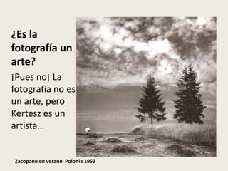 ¿Es la
fotografía un
arte?
¡Pues no¡ La
fotografía no es
un arte, pero
Kertesz es un
artista…


Zacopane en verano Polonia 1953
 