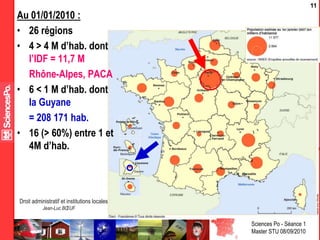 Sciences Po - Séance 1
Master STU 08/09/2010
Droit administratif et institutions locales
Jean-Luc BŒUF
11
Au 01/01/2010 :
• 26 régions
• 4 > 4 M d’hab. dont
l’IDF = 11,7 M
Rhône-Alpes, PACA
• 6 < 1 M d’hab. dont
la Guyane
= 208 171 hab.
• 16 (> 60%) entre 1 et
4M d’hab.
 