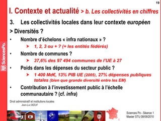 Sciences Po - Séance 1
Master STU 08/09/2010
Droit administratif et institutions locales
Jean-Luc BŒUF
19
I. Contexte et actualité > b. Les collectivités en chiffres
3. Les collectivités locales dans leur contexte européen
> Diversités ?
• Nombre d’échelons « infra nationaux » ?
 1, 2, 3 ou + ? (+ les entités fédérés)
• Nombre de communes ?
 37,6% des 97 494 communes de l’UE à 27
• Poids dans les dépenses du secteur public ?
 1 400 Md€, 13% PIB UE (2005), 27% dépenses publiques
totales (bien que grande diversité entre les EM)
• Contribution à l’investissement public à l’échelle
communautaire ? (cf. infra)
 