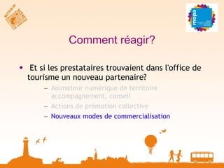 Comment réagir? Et si les prestataires trouvaient dans l'office de tourisme un nouveau partenaire? Animateur numérique de territoire  accompagnement, conseil Actions de promotion collective Nouveaux modes de commercialisation 