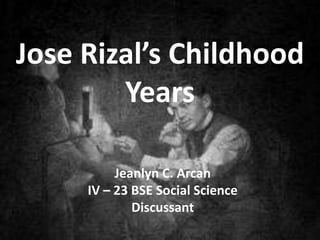 Jose Rizal’s Childhood 
Years 
Jeanlyn C. Arcan 
IV – 23 BSE Social Science 
Discussant 
 
