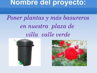 Nombre del proyecto: Poner plantas y más basureros en nuestra  plaza de  villa  valle verde 