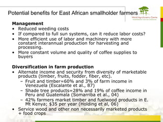 Potential benefits for East African smallholder farmers
 Management
 • Reduced weeding costs
 • If compared to full sun systems, can it reduce labor costs?
 • More efficient use of labor and machinery with more
   constant interannual production for harvesting and
   processing.
 • More constant volume and quality of coffee supplies to
   buyers

 Diversification in farm production
 • Alternate income and security from diversity of marketable
   products (timber, fruits, fodder, fiber, etc).
    – Fruit and timber=60% and 3% of farm income in
       Venezuela (Escalante et al., 87)
    – Shade tree products=28% and 19% of coffee income in
       Peru and Guatemala (Somarriba et al., 04)
    – 42% farmers market timber and fuelwood products in E.
       Mt Kenya; $35 per year (Holding et al, 06)
 • Service wood and other non necessarily marketed products
   + food crops
 
