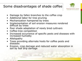 Some disadvantages of shade coffee

 •   Damage by fallen branches to the coffee crop
 •   Additional labor for tree pruning
 •   Mechanization hampered by trees
 •   Implementation of soil erosion measures rendered
     difficult by trees
 •   Poor shade adaptation of newly bred cultivars
 •   Coffee-tree competition
 •   Increased occurrence of specific pests and diseases with
     increased humidity
 •   Allelopathy
 •   Trees providing alternate hosts for coffee pests and
     diseases
 •   Erosion, crop damage and reduced water absorption in
     soil by leaf drip damage
 