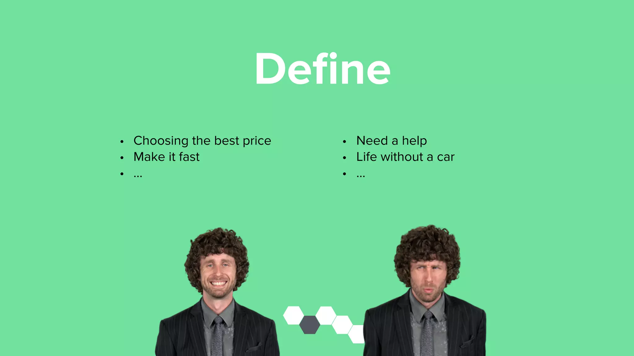 Deﬁne
• Choosing the best price
• Make it fast
• …
• Need a help
• Life without a car
• …
 