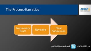 The Process-Narrative
@ACBSPAccredited #ACBSP2016
Preliminary
Draft
Revisions
Final
Submission
 