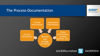 The Process-Documentation
Review
and
storage
on Portal
Faculty
Information
Course
Information
Assessment
Information
Other
Information-
catalog,
policies, etc.
@ACBSPAccredited #ACBSP2016
 