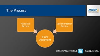 The Process
Final
Document
Narrative
Review
Documentation
Review
@ACBSPAccredited #ACBSP2016
 