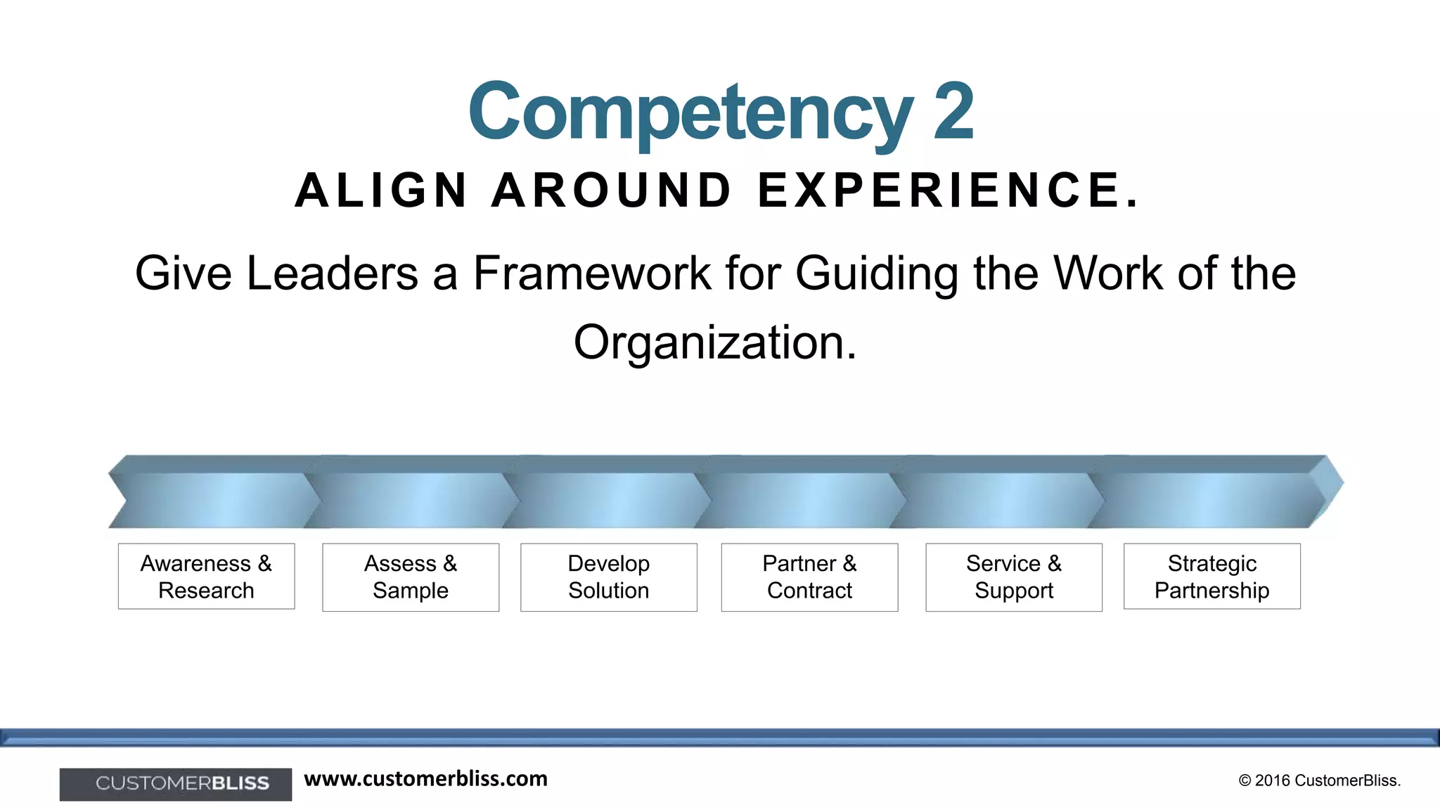 © 2016 CustomerBliss.www.customerbliss.com
Awareness &
Research
Assess &
Sample
Develop
Solution
Partner &
Contract
Service &
Support
Strategic
Partnership
Competency 2
ALIGN AROUND EXPERIENCE.
Give Leaders a Framework for Guiding the Work of the
Organization.
 