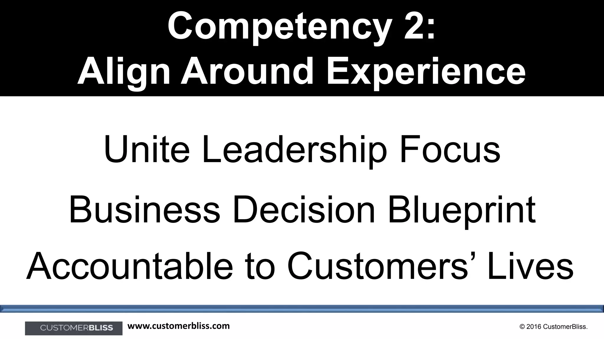 © 2016 CustomerBliss.www.customerbliss.com
Competency 2:
Align Around Experience
Business Decision Blueprint
Accountable to Customers’ Lives
Unite Leadership Focus
 