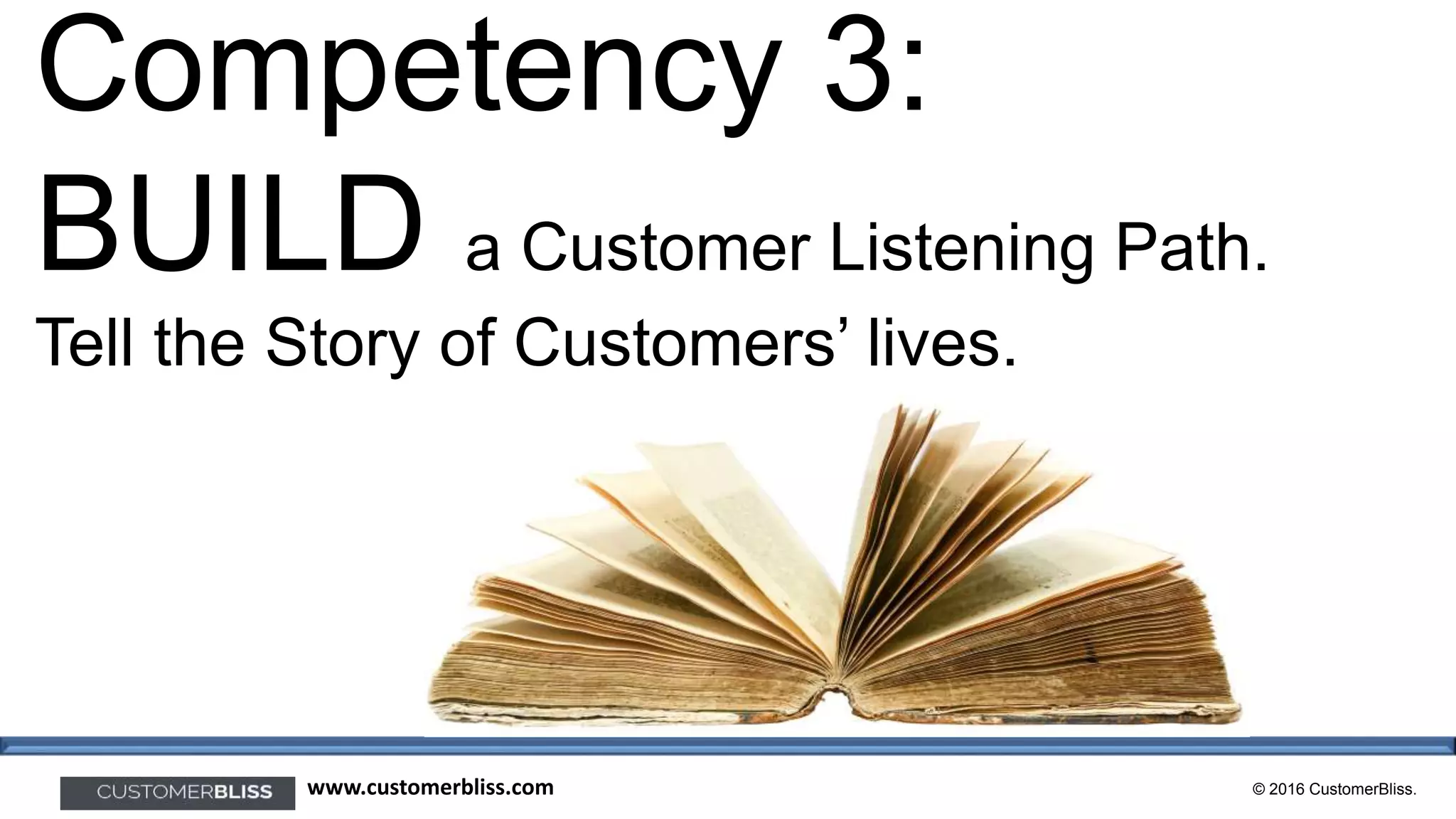© 2016 CustomerBliss.www.customerbliss.com
Competency 3:
BUILD a Customer Listening Path.
Tell the Story of Customers’ lives.
 