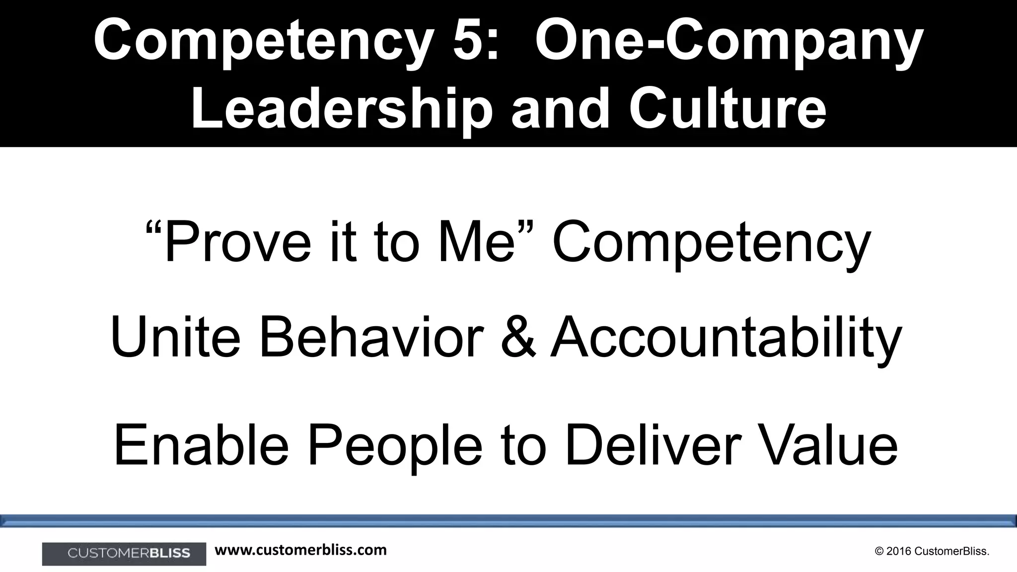© 2016 CustomerBliss.www.customerbliss.com
Competency 5: One-Company
Leadership and Culture
“Prove it to Me” Competency
Unite Behavior & Accountability
Enable People to Deliver Value
 