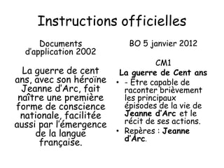Instructions officielles
Documents
d’application 2002
La guerre de cent
ans, avec son héroïne
Jeanne d’Arc, fait
naître une première
forme de conscience
nationale, facilitée
aussi par l’émergence
de la langue
française.
BO 5 janvier 2012
CM1
La guerre de Cent ans
• - Être capable de
raconter brièvement
les principaux
épisodes de la vie de
Jeanne d’Arc et le
récit de ses actions.
• Repères : Jeanne
d’Arc.
 