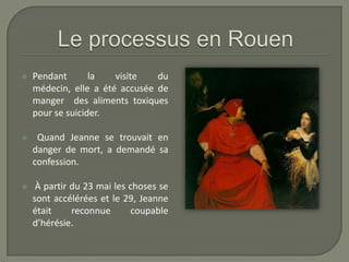    Pendant       la   visite   du
    médecin, elle a été accusée de
    manger des aliments toxiques
    pour se suicider.

    Quand Jeanne se trouvait en
    danger de mort, a demandé sa
    confession.

    À partir du 23 mai les choses se
    sont accélérées et le 29, Jeanne
    était     reconnue      coupable
    d’hérésie.
 