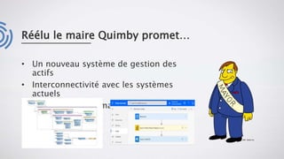 Réélu le maire Quimby promet…
• Un nouveau système de gestion des
actifs
• Interconnectivité avec les systèmes
actuels
• Un échange automatisé de rapports
 