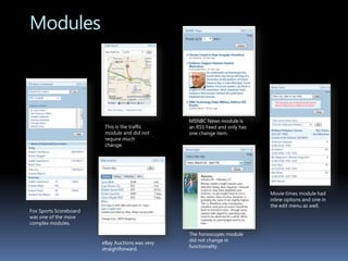 MockupsAfter the team reviewed and I made multiple changes to the layout, it was time to do high fidelity mockups of the site.The default color was easy to decide upon since the mandate for this was to match closely to the msn.com homepage, this tied my msn into the homepage much more closely than before and gave users a sense of familiarityThe changes that were made to the UI for the mockups were minor. One hurdle was the ‘add content gallery’ and how we would display the module previews within the gallery. Specifically how to separate the msn content from content from the web content.An illustrator was brought on board to help with the theme graphics; this is a significant part of the new look of my msn. 