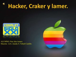 Hacker, Craker y lamer.




ALUMNO: Noe Jain Amaro
Maestra: LIA. Jeandy S. Yobatl Castillo
 
