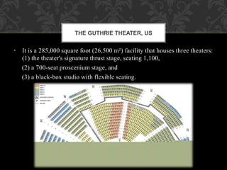 • It is a 285,000 square foot (26,500 m²) facility that houses three theaters:
(1) the theater's signature thrust stage, seating 1,100,
(2) a 700-seat proscenium stage, and
(3) a black-box studio with flexible seating.
THE GUTHRIE THEATER, US
 