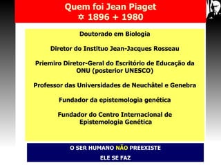 O SER HUMANO   NÃO   PREEXISTE ELE SE FAZ Quem foi Jean Piaget    1896 + 1980 Doutorado em Biologia Diretor do Instituo Jean-Jacques Rosseau Priemiro Diretor-Geral do Escritório de Educação da ONU (posterior UNESCO) Professor das Universidades de Neuchâtel e Genebra Fundador da epistemologia genética Fundador do Centro Internacional de Epistemologia Genética 