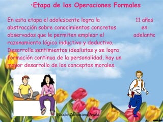 Nicole Zamorano Ayala
En esta etapa el adolescente logra la
abstracción sobre conocimientos concretos
observados que le permiten emplear el
razonamiento lógico inductivo y deductivo.
Desarrolla sentimientos idealistas y se logra
formación continua de la personalidad, hay un
mayor desarrollo de los conceptos morales.
11 años
en
adelante
•Etapa de las Operaciones Formales
 